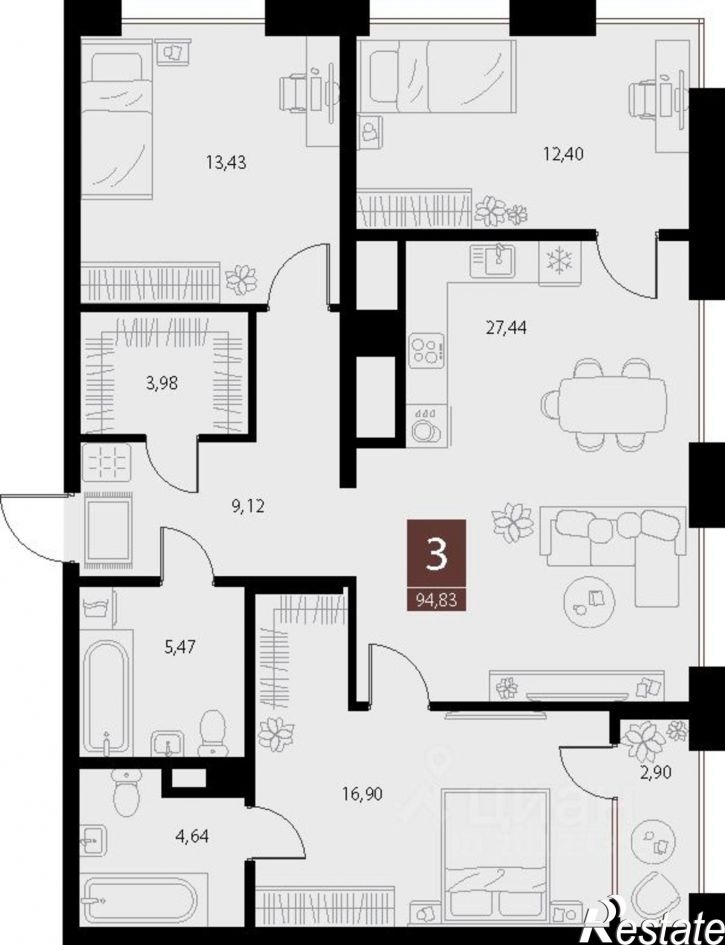 3-комн квартира в новом доме ул Бирюзова, 21 2 стр 3,  д. 21 2 стр 3,  к. 2 стр 3