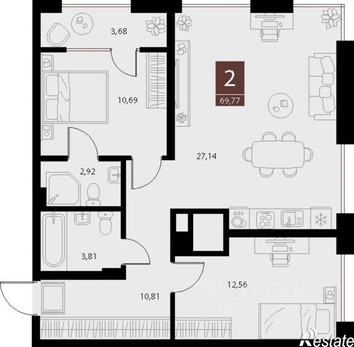 2-комн квартира в новом доме ул Бирюзова, 21 2 стр 3,  д. 21 2 стр 3,  к. 2 стр 3