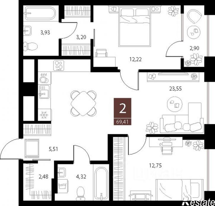 2-комн квартира в новом доме ул Бирюзова, 21 2 стр 3,  д. 21 2 стр 3,  к. 2 стр 3