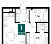 1-комн, 51 кв м, этаж 3/13 ул Грибоедова, 1