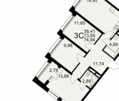 3-комн, 75 кв м, этаж 2/25 Северный пер, 1а