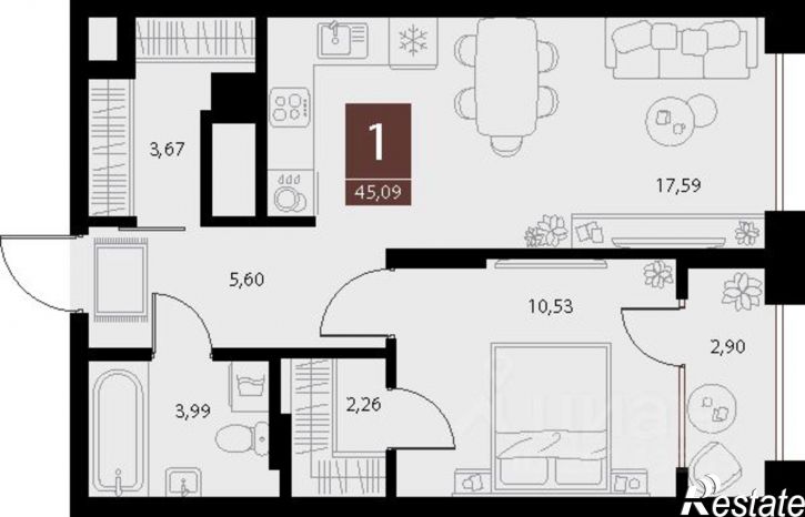 1-комн квартира в новом доме ул Бирюзова, 21 2 стр 3,  д. 21 2 стр 3,  к. 2 стр 3