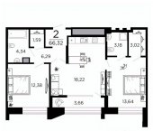 2-комн, 66 кв м, этаж 6/20 1-й проезд Гагарина, 3